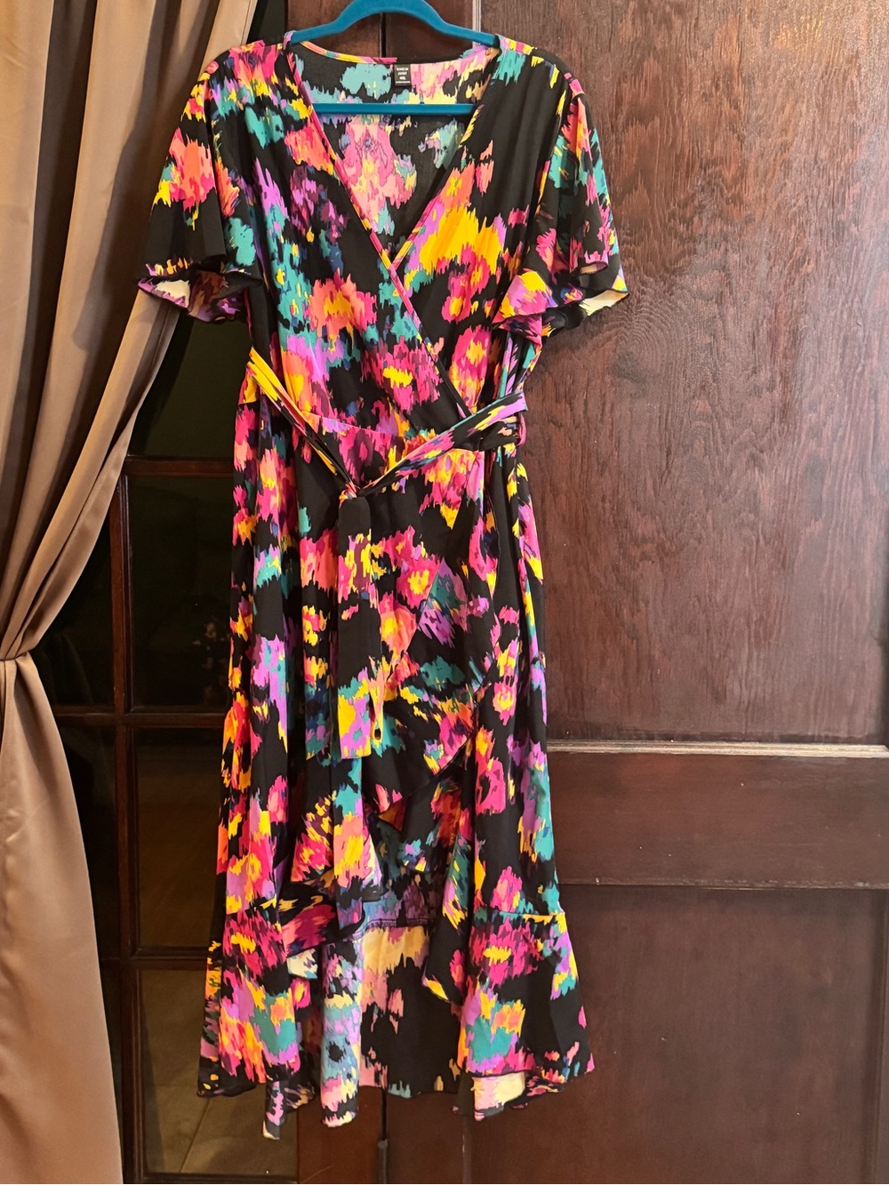 SHEIN Black High-Low Wrap Dress with Pink, Yellow & Teal Floral Print
